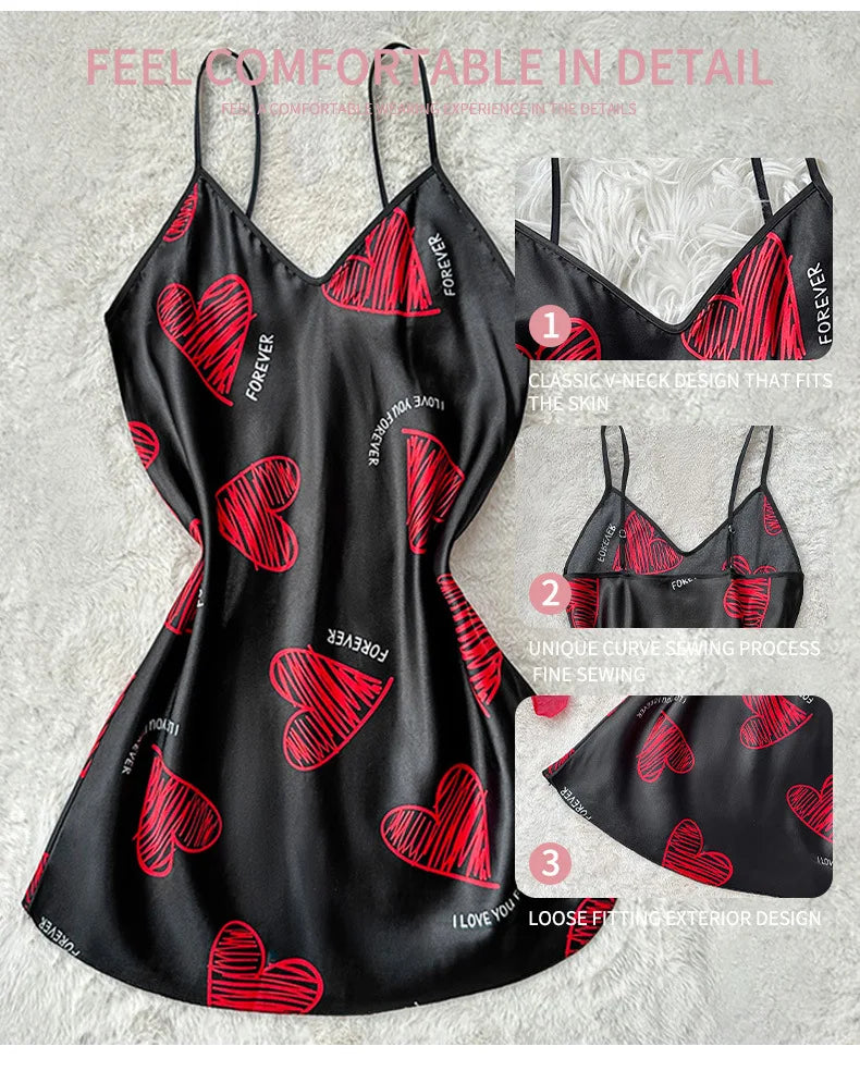 Womens Satin Lip Print Nightdress V Neck Backless Mini Sleepwear - QHA UK
