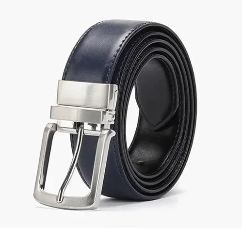Black leather belt with silver buckle on a white background