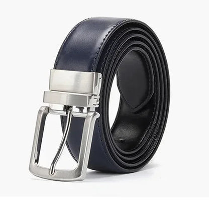 Black leather belt with silver buckle on a white background