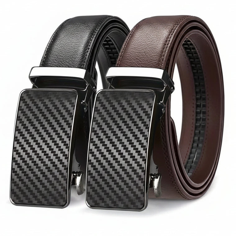 Two leather belts with carbon fiber buckle design on a white background