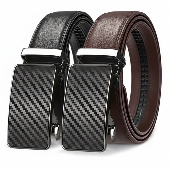 Two leather belts with carbon fiber buckle design on a white background