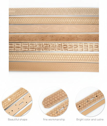 Product details graphic showing multiple beige leather strap or band samples with different embossed patterns, plus three circular close-up detail insets at the bottom labeled 'Beautiful shape', 'fine workmanship', and 'Bright color and lustre'.