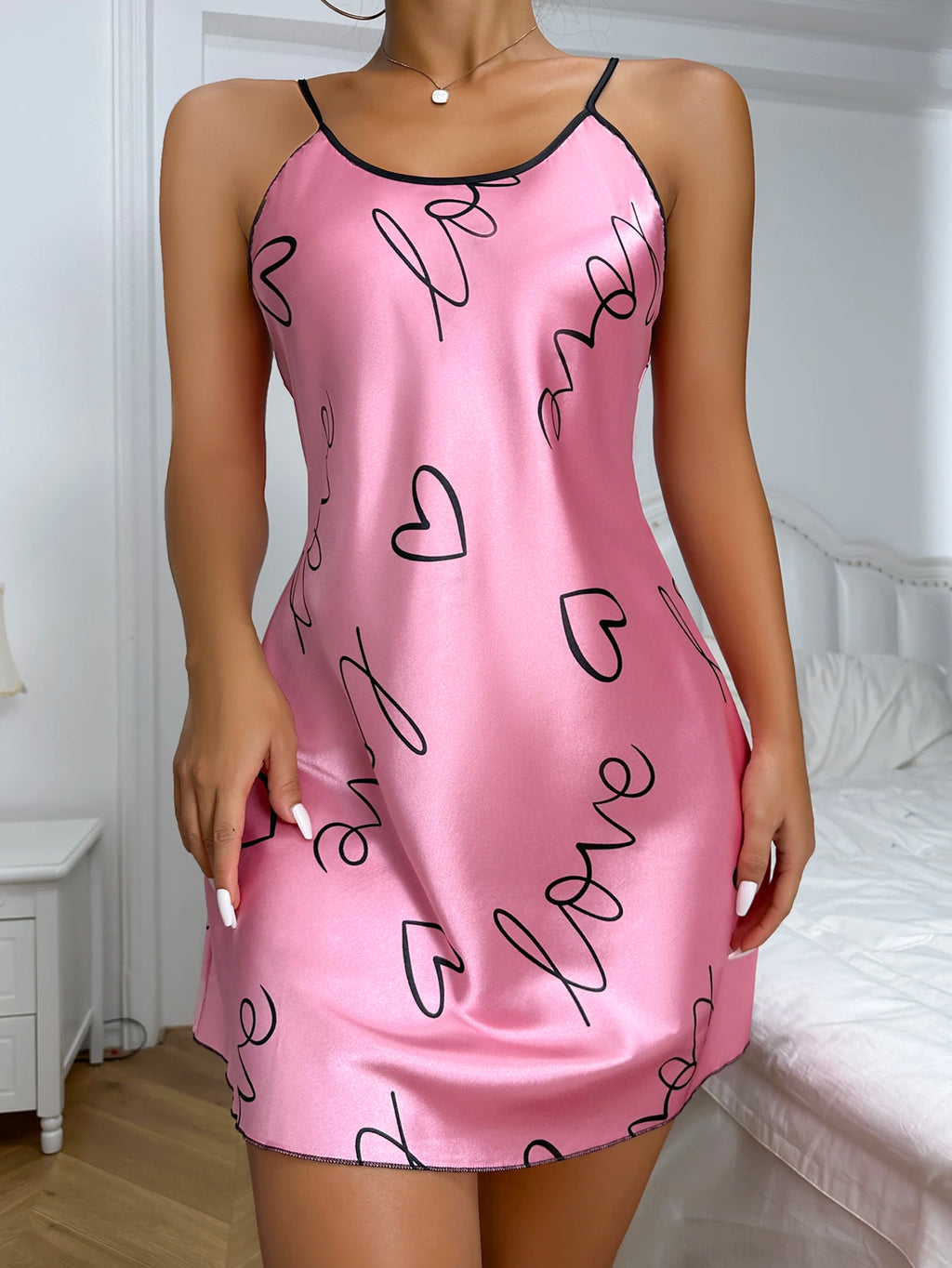 Womens Heart Print Nightdress Spaghetti Strap Casual Sleep Dress - QHA UK