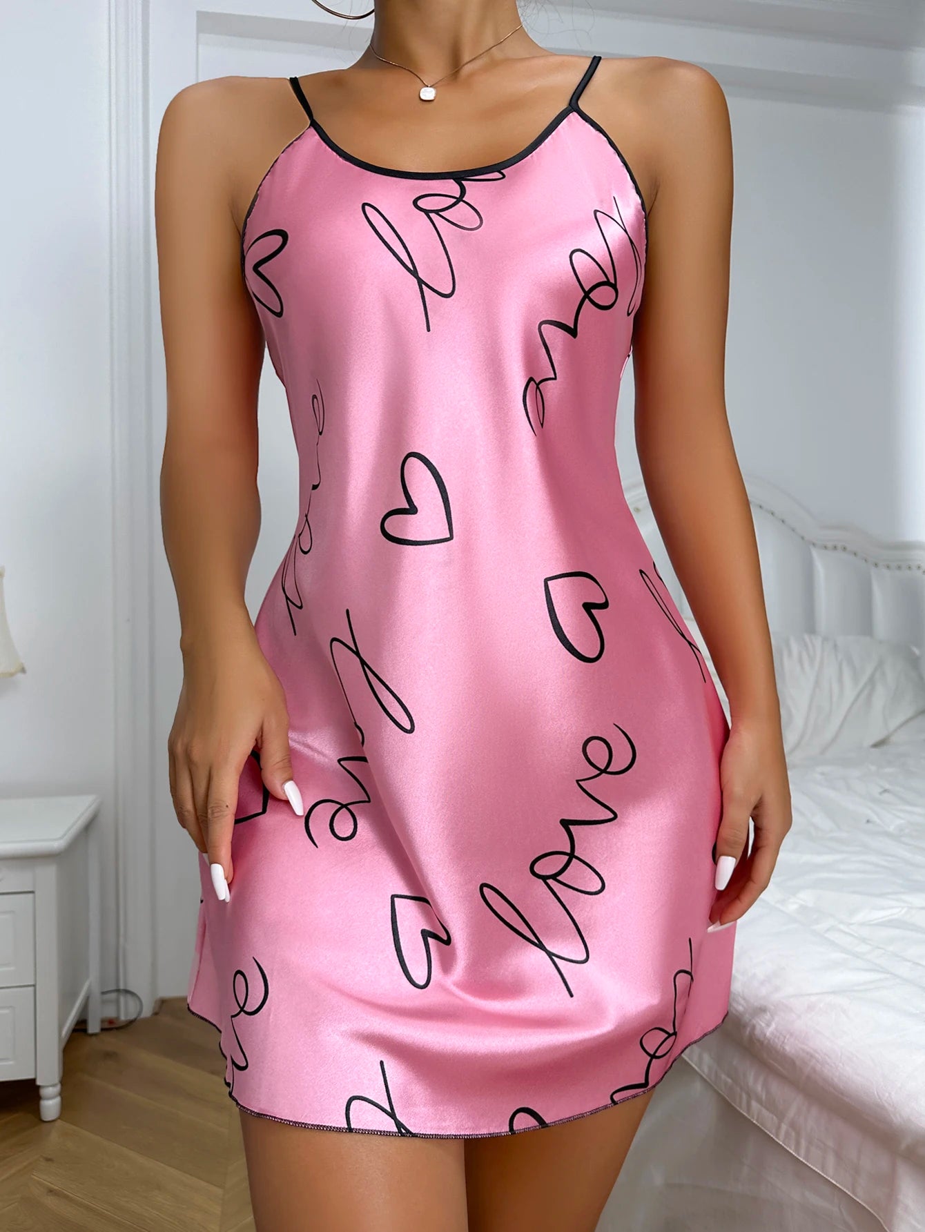 Womens Heart Print Nightdress Spaghetti Strap Casual Sleep Dress - QHA UK