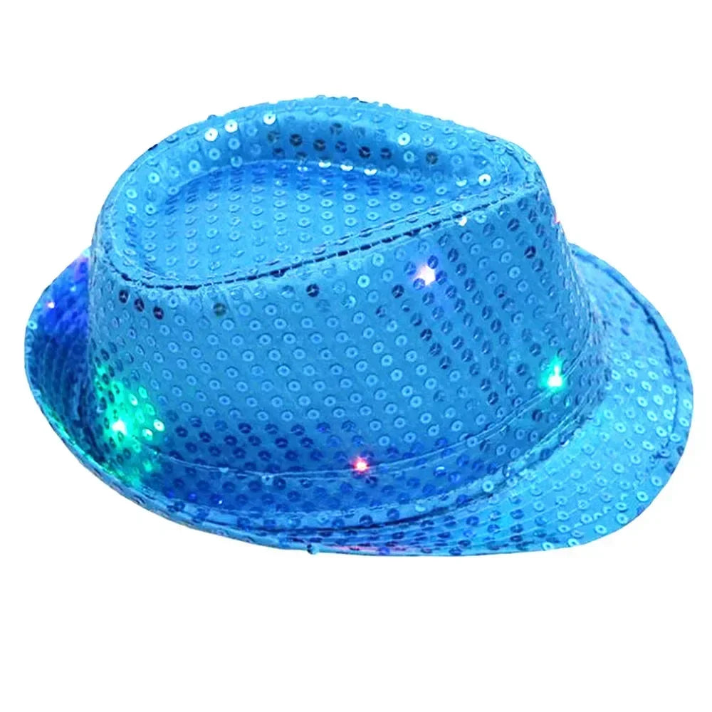 LED Sequin Fedora Hat & Glowing Necktie Set – Light-Up Festival & Party Accessories for Kids & Adults