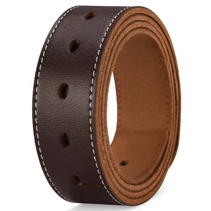 Brown leather belt with stitching details on a white background