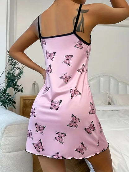 Womens Butterfly Print Nightdress Spaghetti Strap Summer Slip Nightie - QHA UK