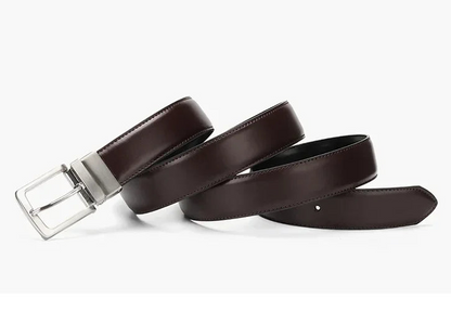 Brown leather belt with silver buckle on a white background