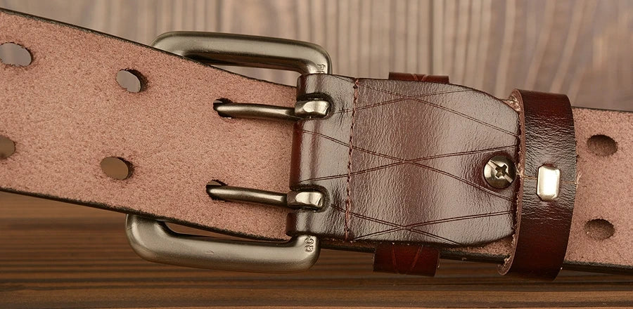 Mens Genuine Leather Belt Double Pin Buckle Cowhide Jeans Black - QHA UK