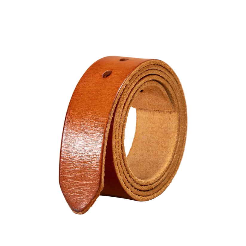 A rolled brown leather belt with a polished finish and visible stitching, displayed on a solid beige background with the brand name QIANCANG in the top left corner.