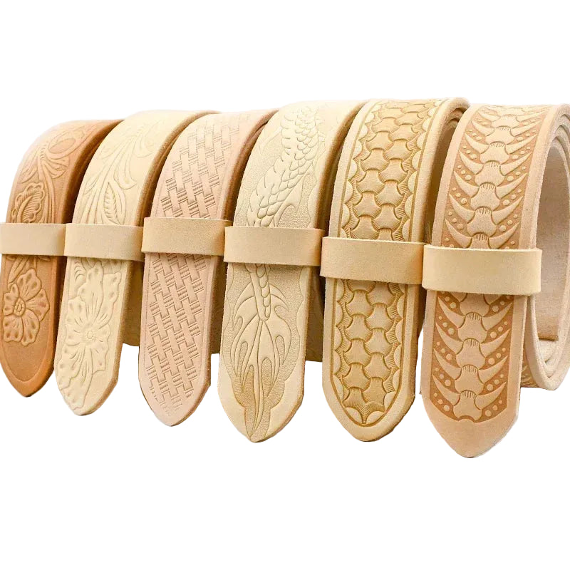 Six rolled natural leather belts in varying tan and beige shades, each embossed with a unique traditional pattern, arranged side-by-side on a white background with the brand name 'Deepeel' printed in black at the top left.
