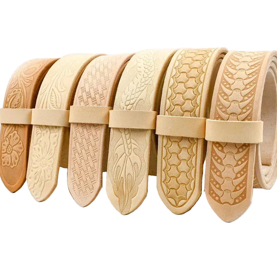Six rolled natural leather belts in varying tan and beige shades, each embossed with a unique traditional pattern, arranged side-by-side on a white background with the brand name 'Deepeel' printed in black at the top left.