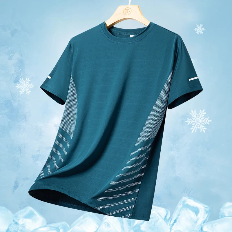 Mens Quick Dry Summer Running T-Shirt Ice Silk Breathable Reflective Gym Top