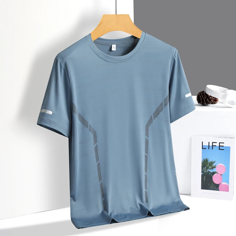 Mens Quick Dry Summer Running T-Shirt Ice Silk Breathable Reflective Gym Top