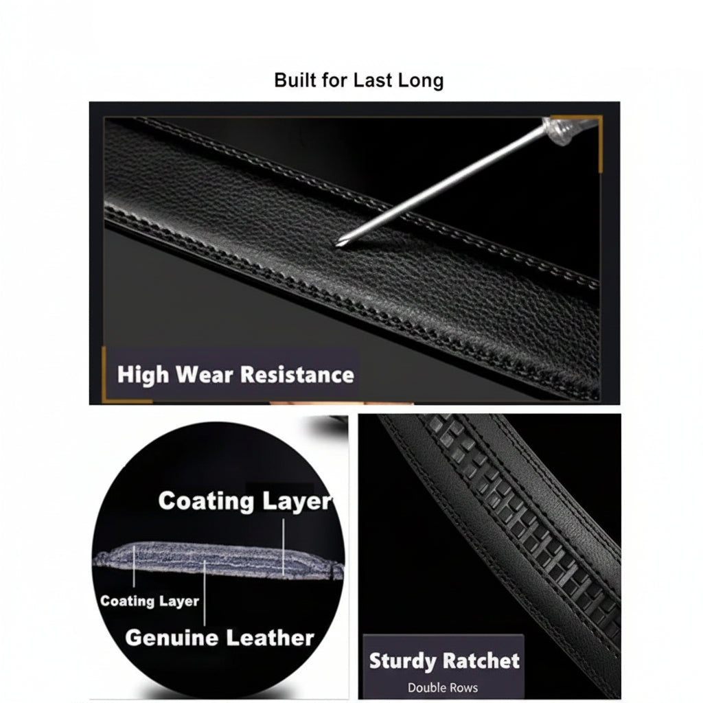 Advertisement for a real leather belt with text highlighting features like high wear resistance, coating layer, and sturdiness.