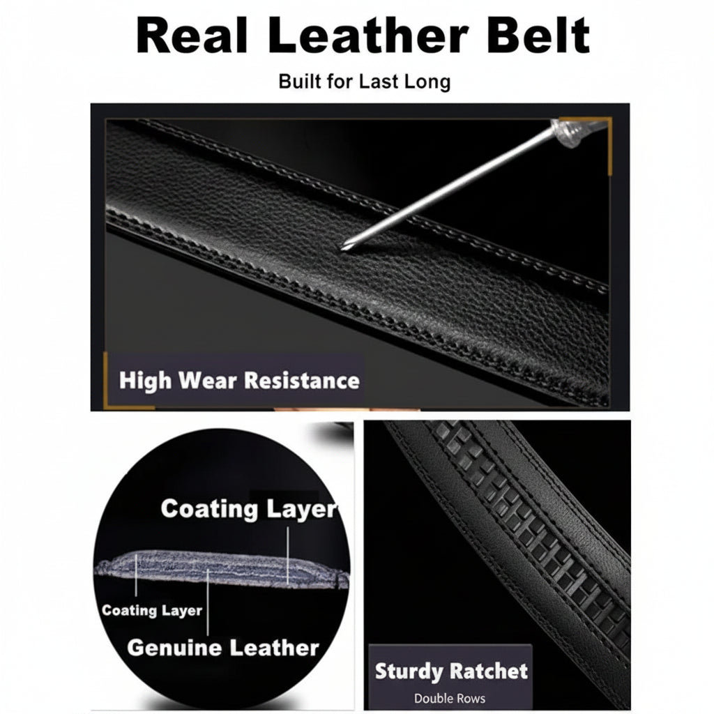 Advertisement for a real leather belt with text highlighting features like high wear resistance, coating layer, and sturdiness.