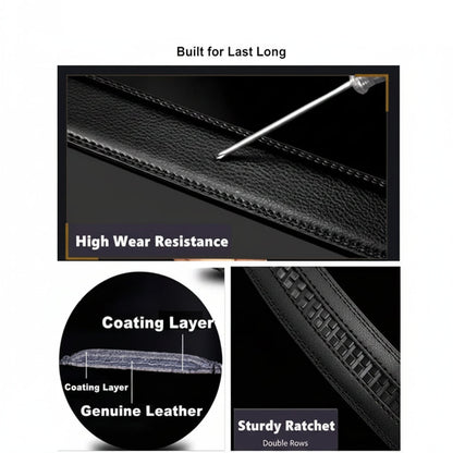 Advertisement for a real leather belt with text highlighting features like high wear resistance, coating layer, and sturdiness.
