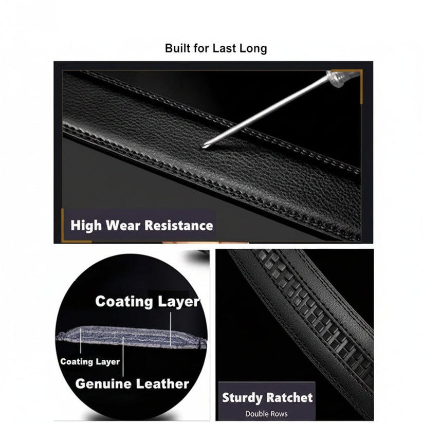 Advertisement for a real leather belt with text highlighting features like high wear resistance, coating layer, and sturdiness.