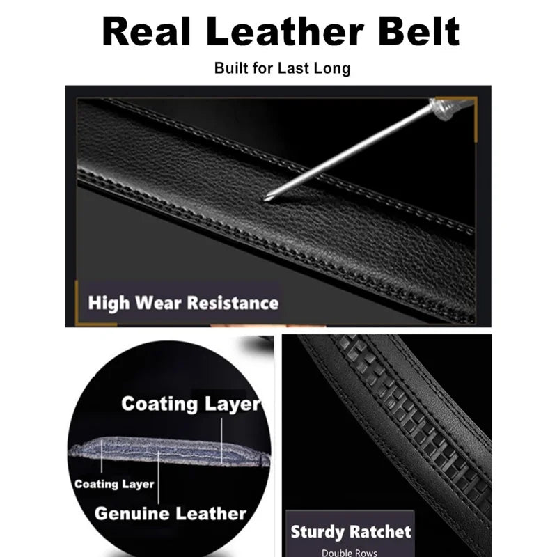 Men's Genuine Leather Ratchet Belt Automatic Buckle Black Brown