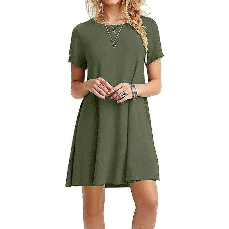 Womens Casual Loose T-Shirt Dress Vintage Print O-Neck Mini Sundress - QHA UK