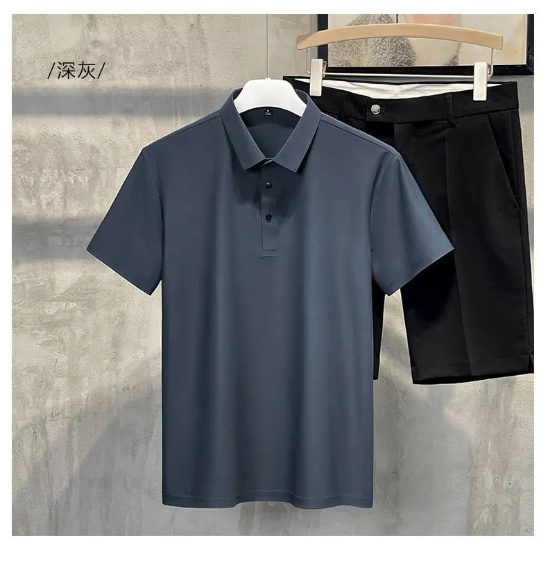 Seamless High-end Polo Shirt for Men's Business Thin Half Sleeved Solid Lapel Short Sleeved Men's Shirt Polo Shirt - QHA UK