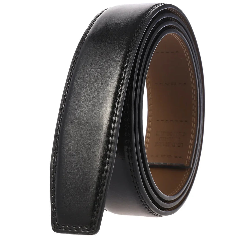 Black leather belt with visible stitching on a white background