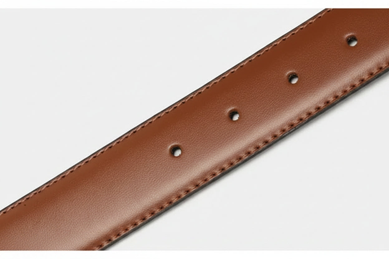 Brown leather belt with text on a light gray background