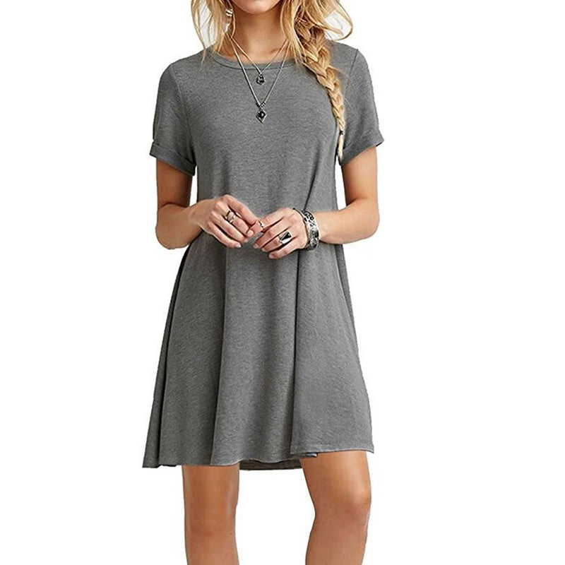 Womens Casual Loose T-Shirt Dress Vintage Print O-Neck Mini Sundress - QHA UK