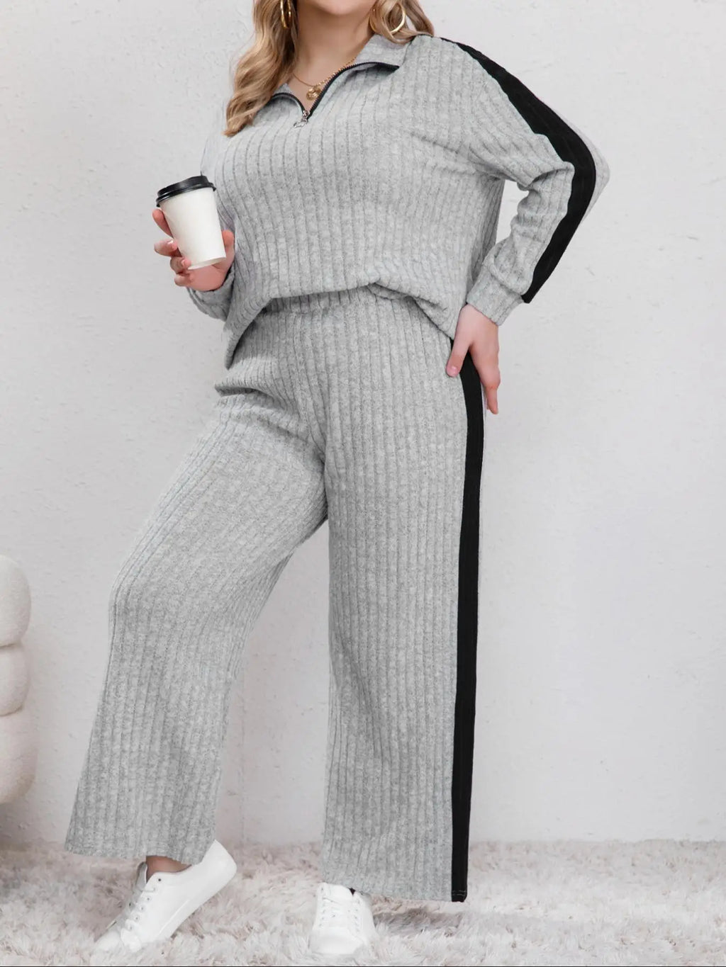 Womens Plus Size Contrast Trim Zipper Top Wide Leg Pants Two-Piece Set UK 18-24