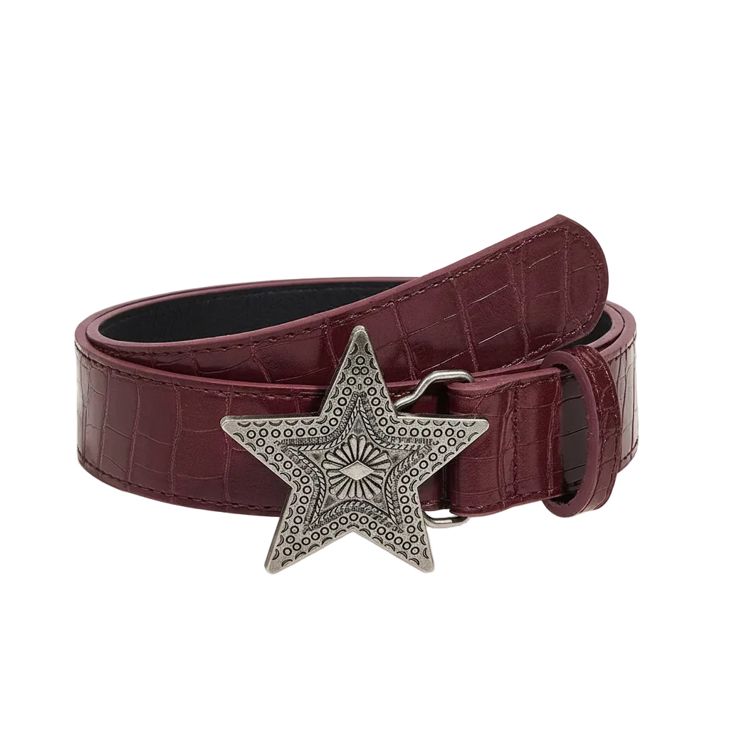 Maroon belt with star buckle on a beige background