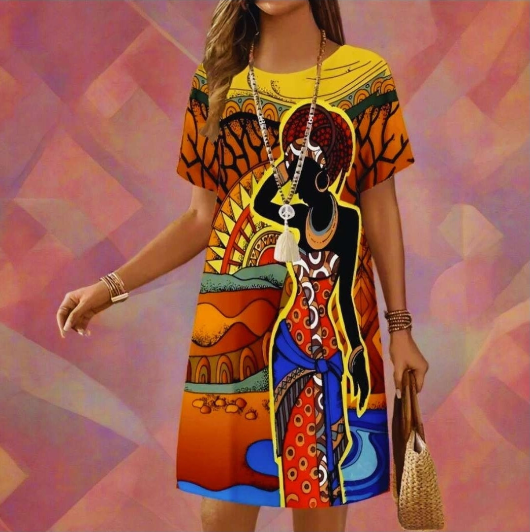 Plus Size African Print Mini Dresses – Colourful Ethnic O-Neck Summer Dresses for Women