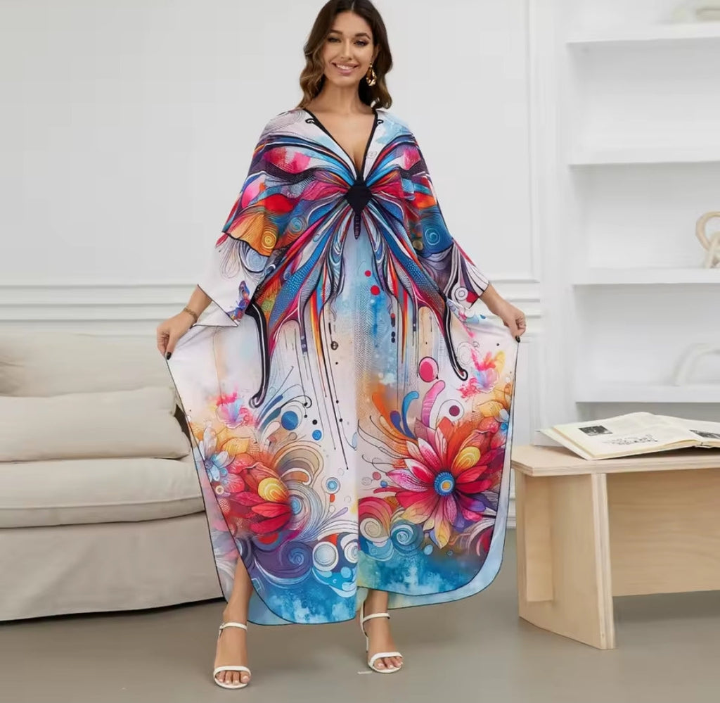 1. Maxi Kaftan Beach Dresses for Women – Artistic Summer Robe with Bold Prints