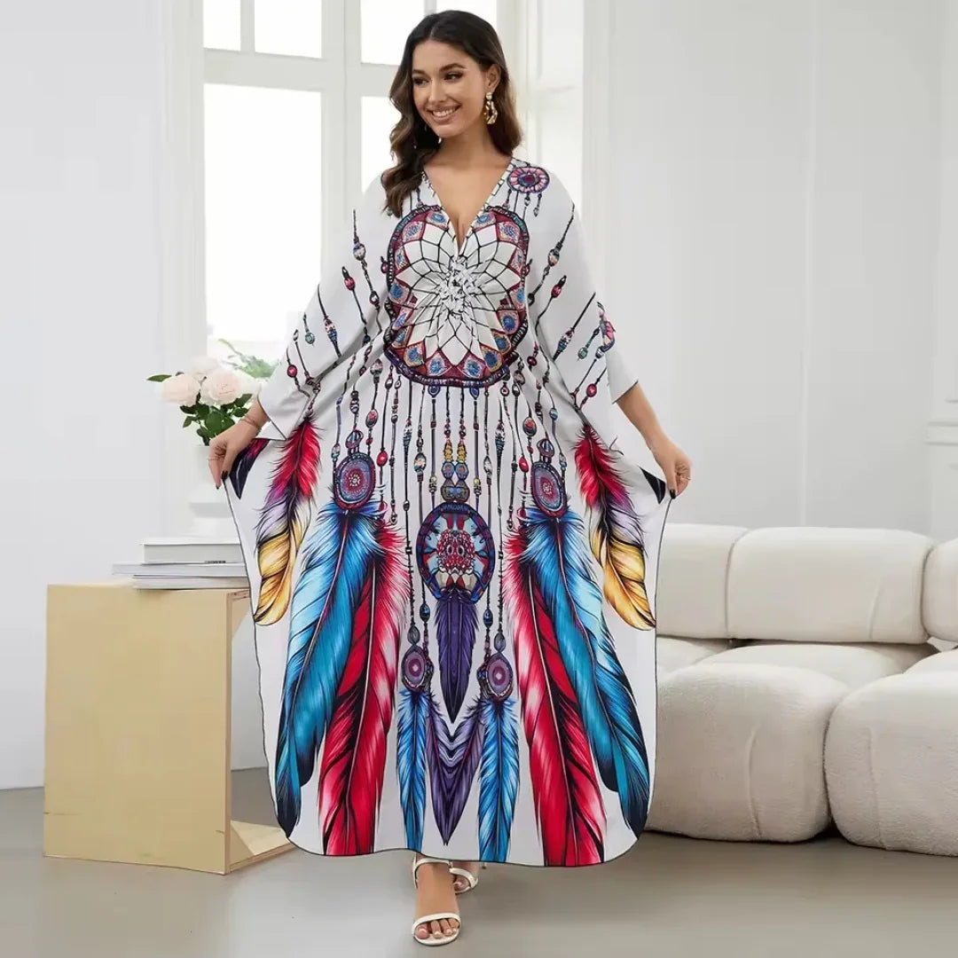 1. Maxi Kaftan Beach Dresses for Women – Artistic Summer Robe with Bold Prints