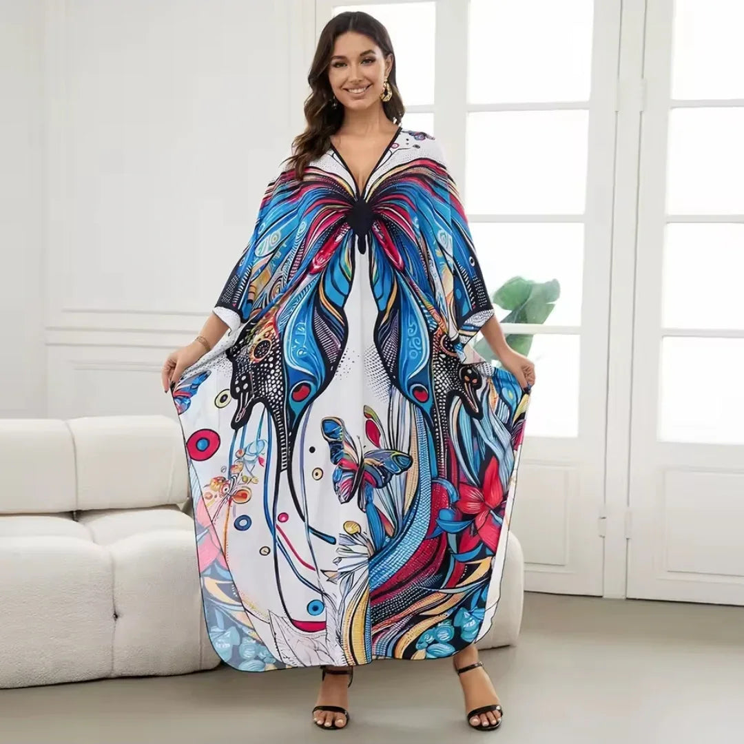1. Maxi Kaftan Beach Dresses for Women – Artistic Summer Robe with Bold Prints