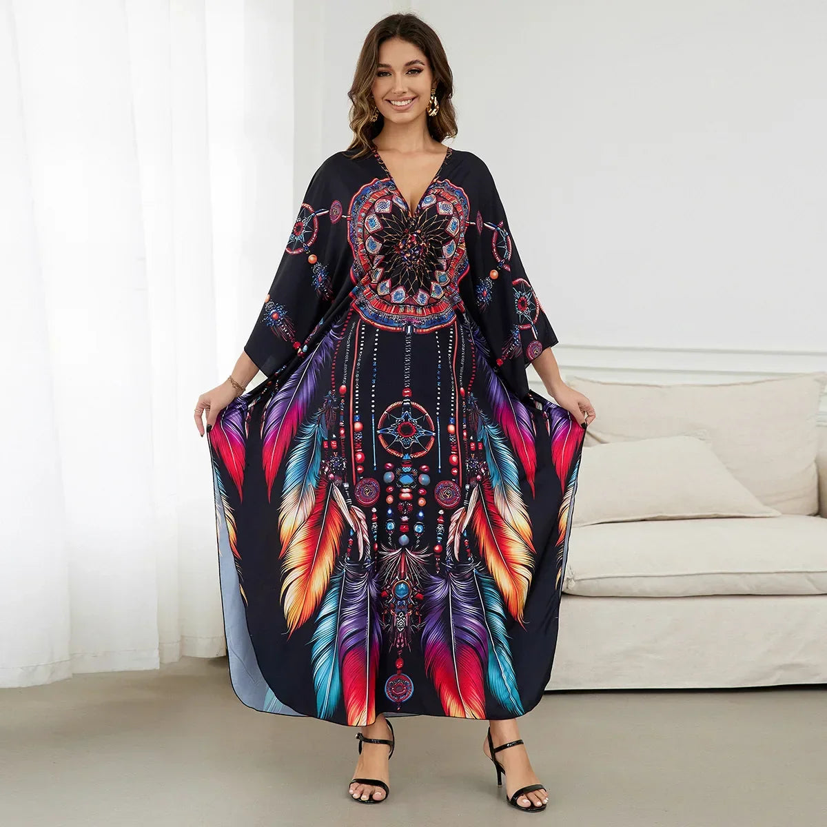 2.Maxi Kaftan Beach Dresses for Women – Artistic Summer Robe with Bold Prints
