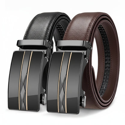 Two belts, one black and one brown, with matching buckles on a white background.