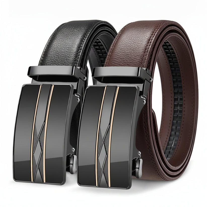 Two belts, one black and one brown, with matching buckles on a white background.