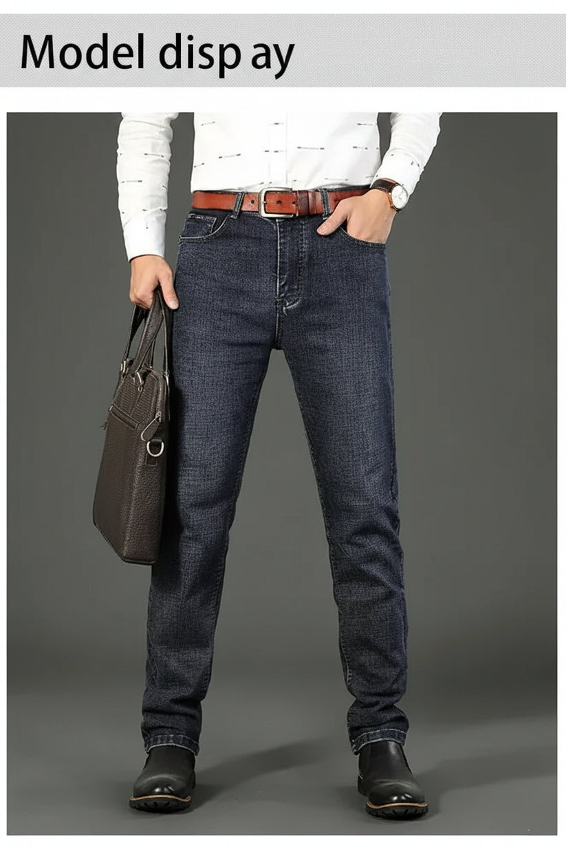 Person wearing blue jeans and a white shirt, holding a brown leather bag on a gray background.