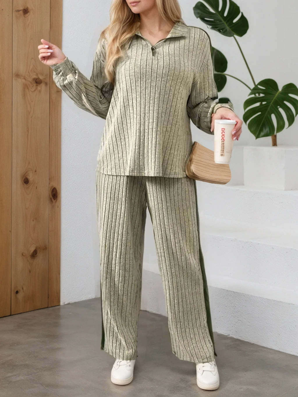 Womens 2-Piece Suit Zipper Collar Long Sleeve Top Wide Leg Pants 8-16