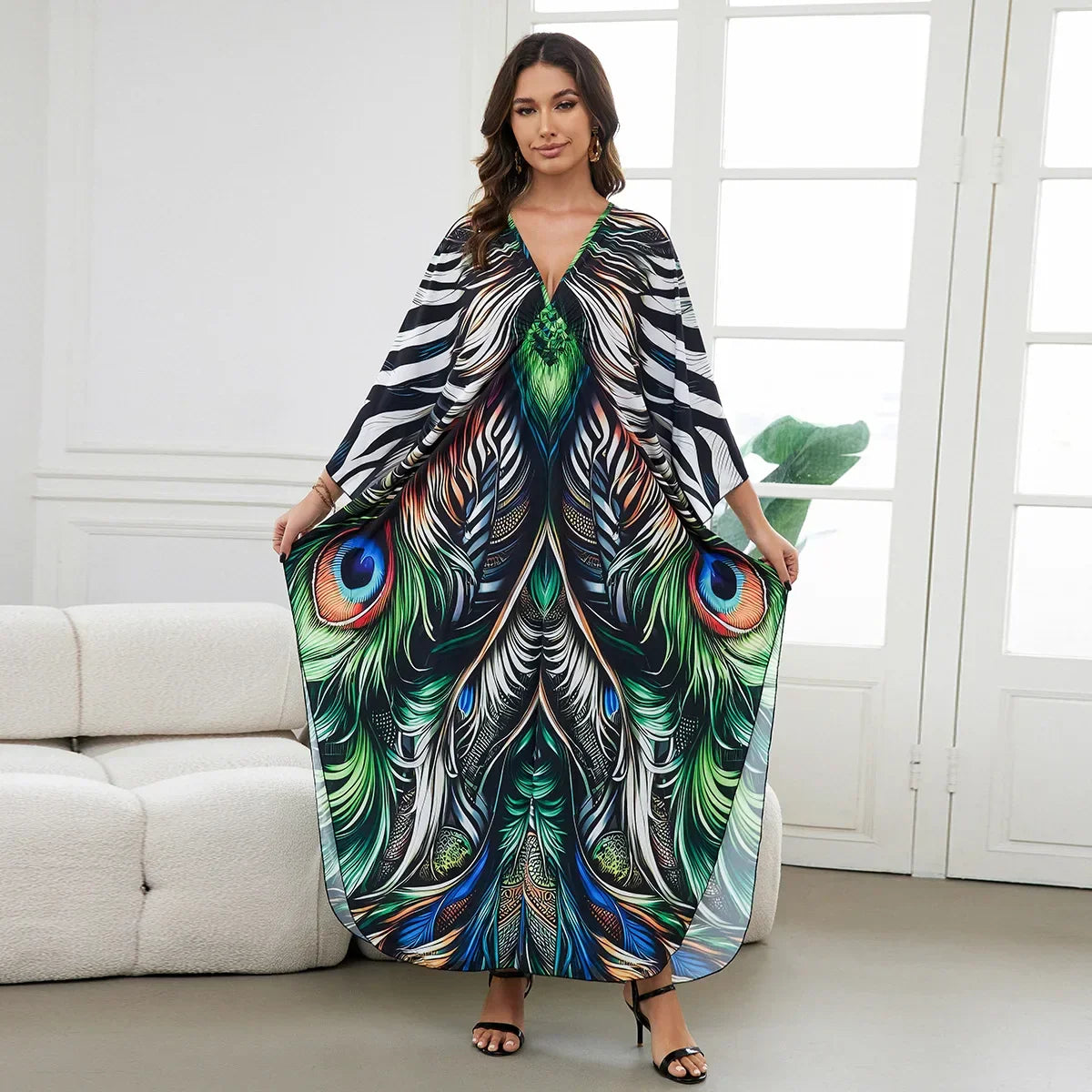 1. Maxi Kaftan Beach Dresses for Women – Artistic Summer Robe with Bold Prints