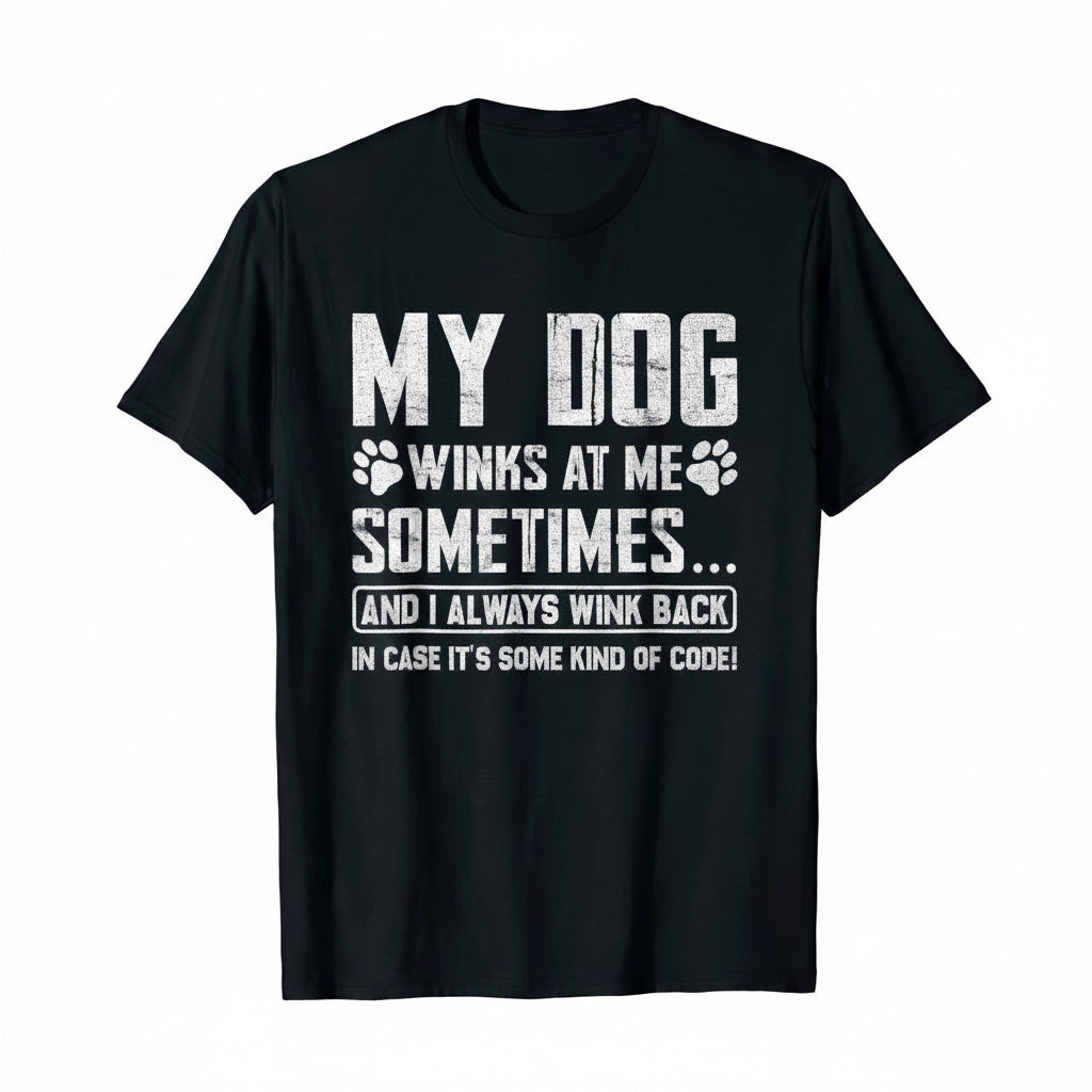 A black short-sleeve crewneck t-shirt with a humorous white graphic print on the front that reads 'MY DOG WINKS AT ME SOMETIMES.