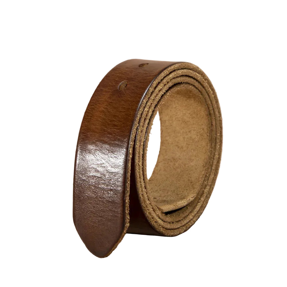 A rolled brown leather belt with a natural tan jute cord, displayed on a solid beige background.