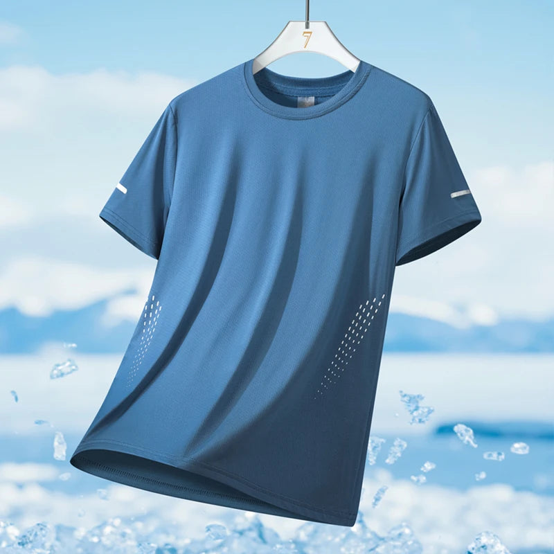 Mens Quick Dry Summer Running T-Shirt Ice Silk Breathable Reflective Gym Top