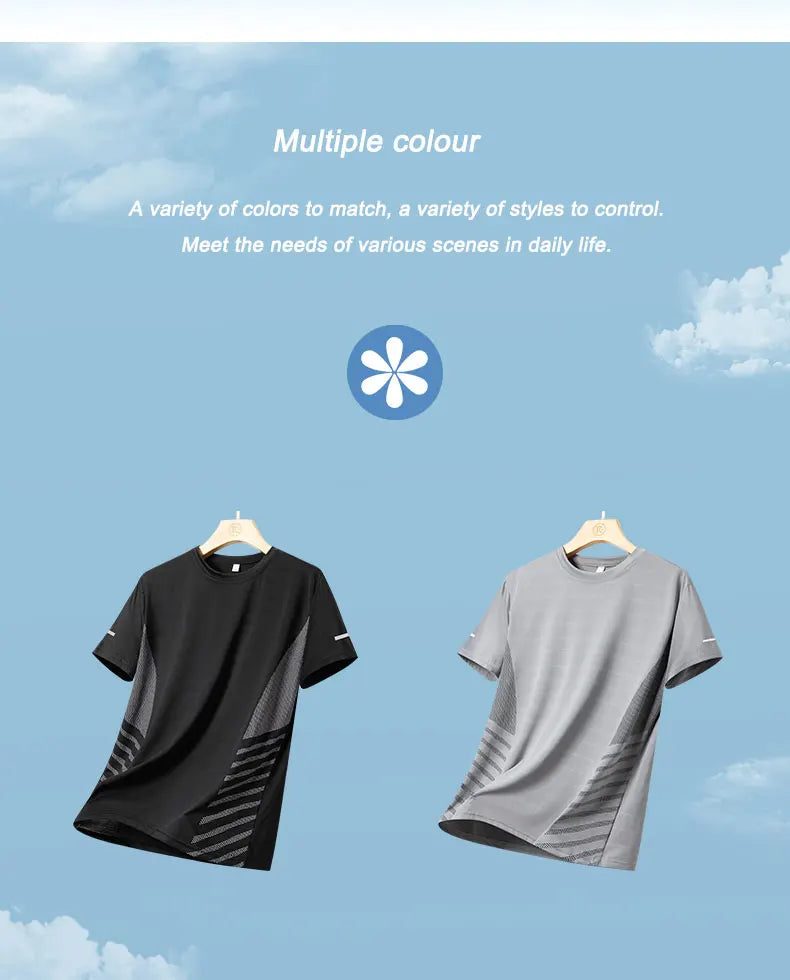 Mens Quick Dry Summer Running T-Shirt Ice Silk Breathable Reflective Gym Top