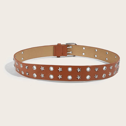 Brown belt with star and pearl embellishments on a beige background