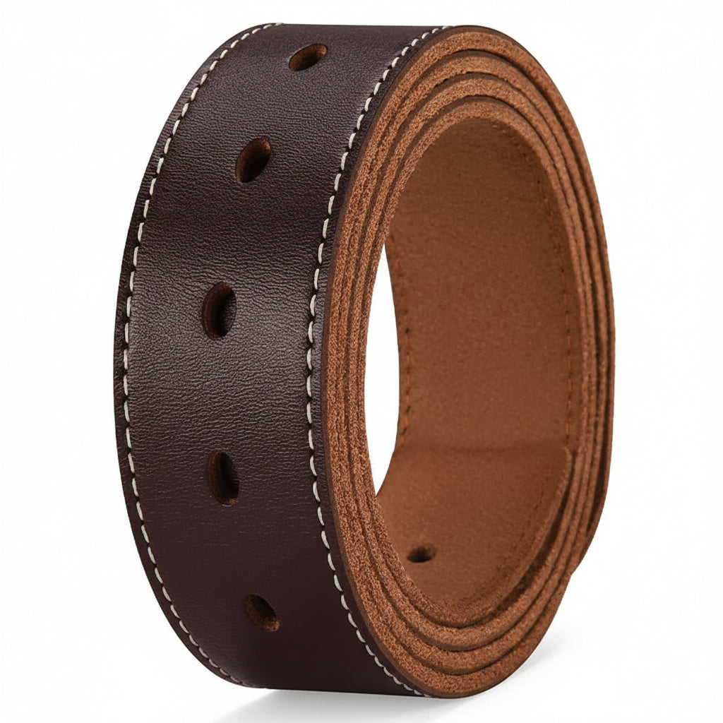 Brown leather belt with visible stitching on a white background