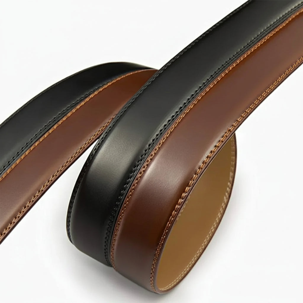 Close-up of black and brown leather belts on a white background