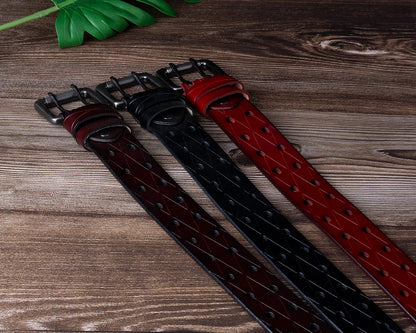 Mens Genuine Leather Double Prong Belt Heavy Duty Jeans Cowboy Black Brown 3.8cm - QHA UK