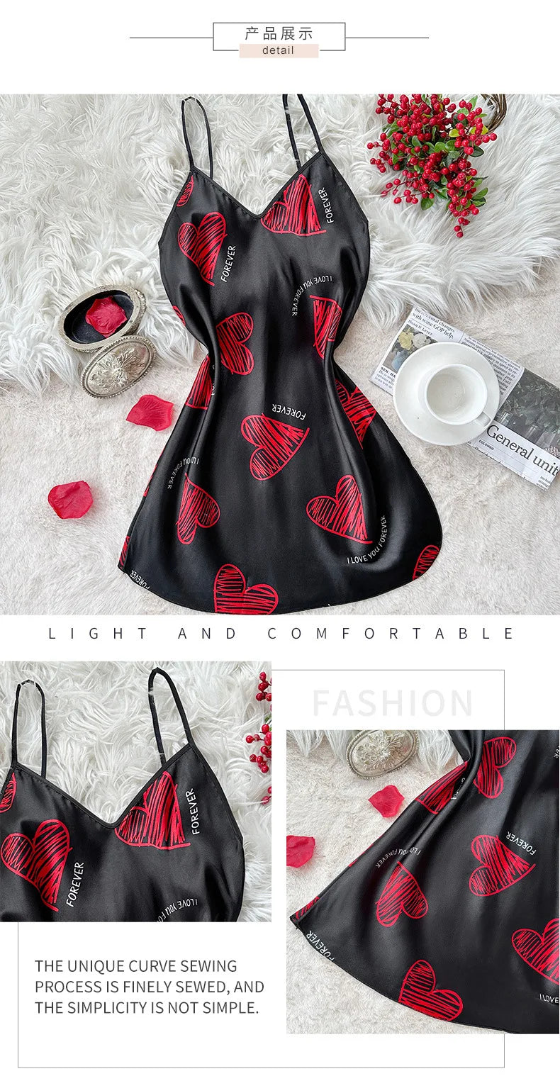 Womens Satin Lip Print Nightdress V Neck Backless Mini Sleepwear - QHA UK