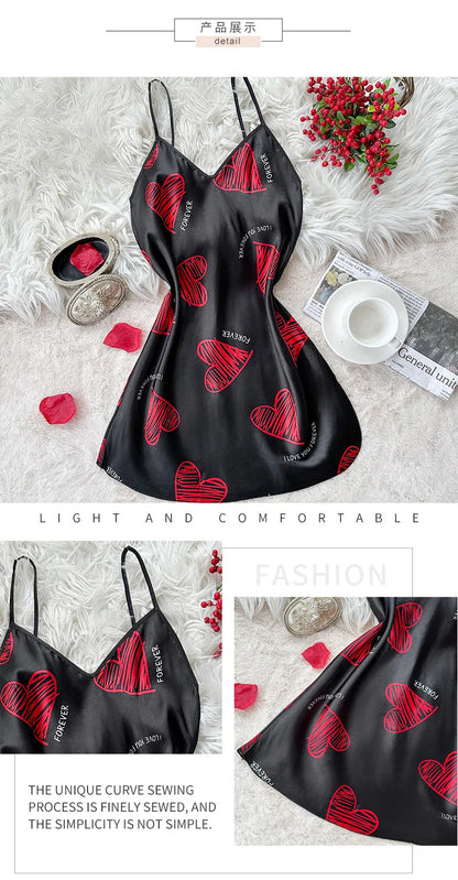 Womens Satin Lip Print Nightdress V Neck Backless Mini Sleepwear - QHA UK